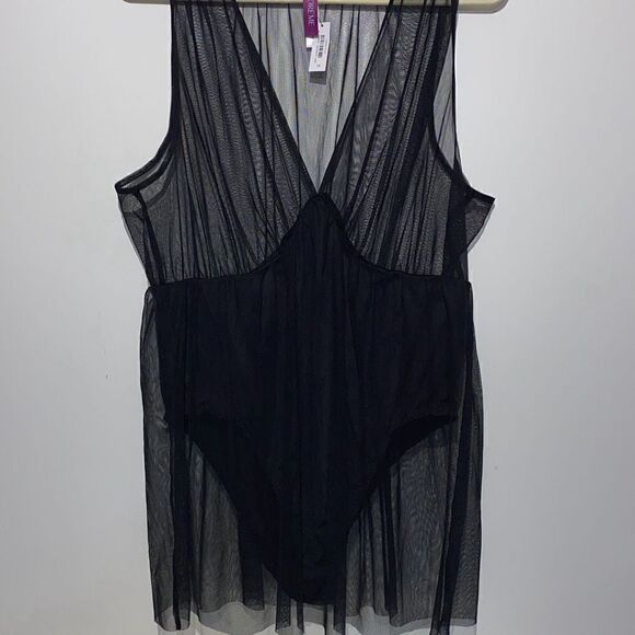 Adore Me Womens Deep V Neck Tulle Sheer Skirt Overlay Black Bodysuit Size 1X NWT - Picture 1 of 8
